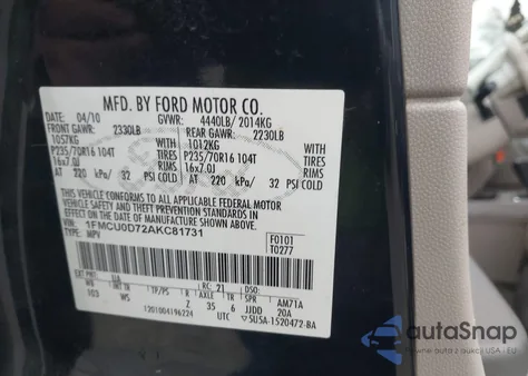 2010 Ford Escape Xlt z USA, uszkodzony, nr VIN 1FMCU0D72AKC81731